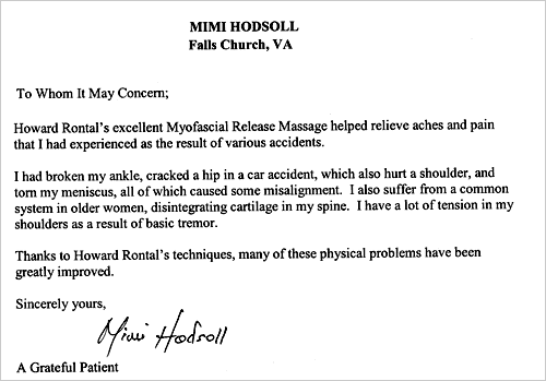Myofascial Release Massage relieved aches and pains from accidents